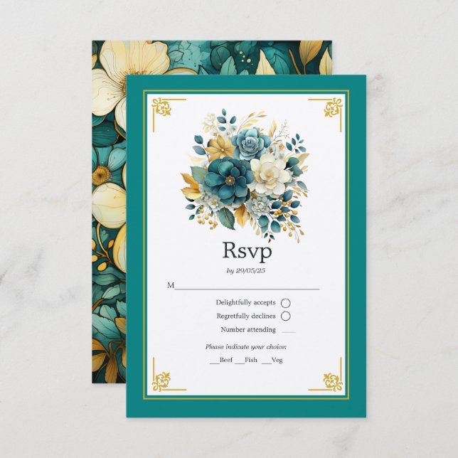 Cartão RSVP Casamento Teal e Dourado Floral (Frente/Verso)