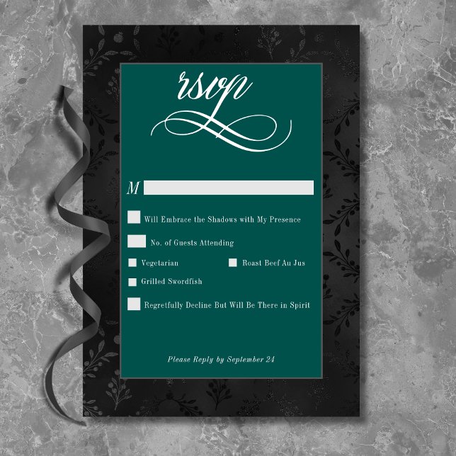 Cartão RSVP Casamento Teal Negro Negro Escuro Satin Damask (Criador carregado)