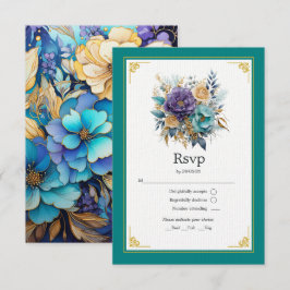 Cartão RSVP Casamento Teal, Roxo e Dourado Floral