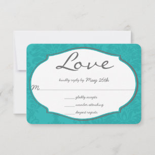 Cartão RSVP Casamento tema damasco azul de turquesa tipografia