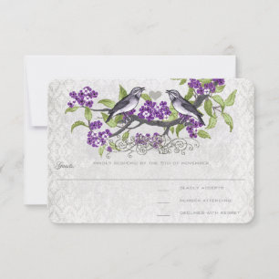 Cartão RSVP Casamento tema damasco de Aves Vintage Roxas e Cin