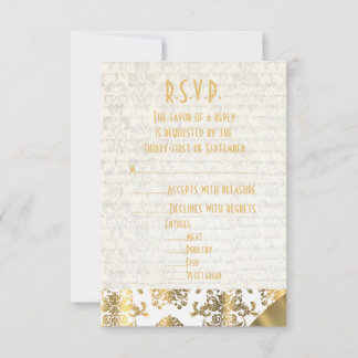 Cartão RSVP casamento tema damasco de pergaminho Dourado e bra