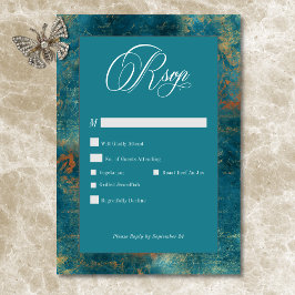Cartão RSVP Casamento tema damasco Dourado de Teal Antiquado G