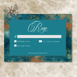 Cartão RSVP Casamento tema damasco Dourado de Teal Antiquado G