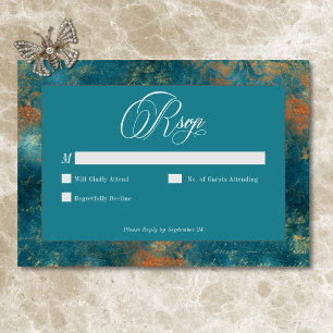 Cartão RSVP Casamento tema damasco Dourado de Teal Antiquado G