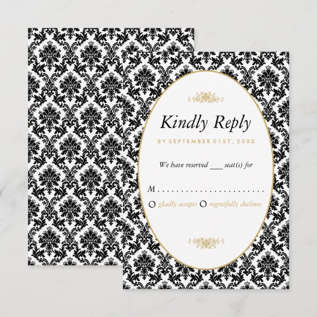 Cartão RSVP Casamento tema damasco Dourado, Preto e Branco (Frente/Verso)