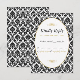 Cartão RSVP Casamento tema damasco Dourado, Preto e Branco