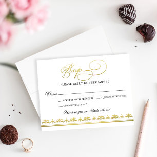 Cartão RSVP Casamento tema damasco negro e Dourado elegante
