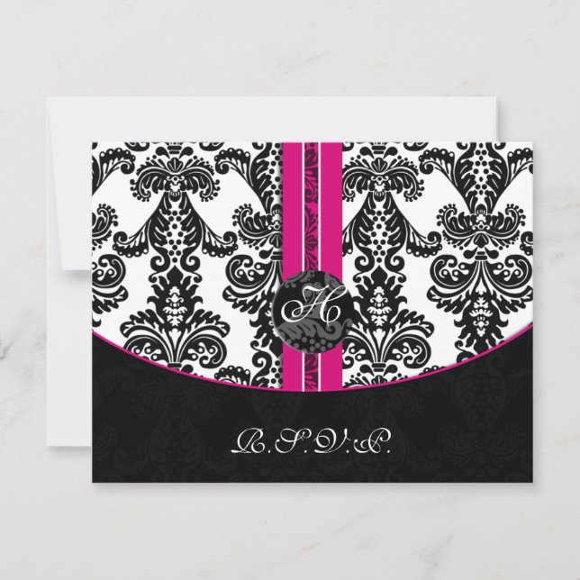 Cartão RSVP Casamento tema damasco Preto e Rosa (Frente)