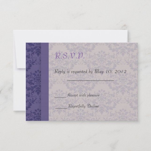 Cartão RSVP Casamento tema damasco Roxo Real (Frente)