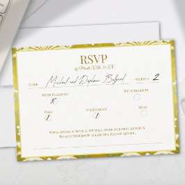 Cartão RSVP Casamento tema damasco Verde Dourado Retroativo