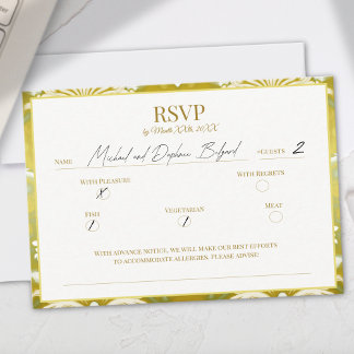 Cartão RSVP Casamento tema damasco Verde Dourado Retroativo