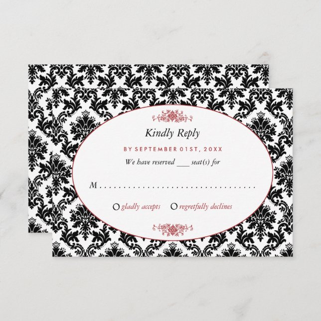 Cartão RSVP Casamento tema damasco vermelho, preto e branco (Frente/Verso)