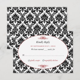 Cartão RSVP Casamento tema damasco vermelho, preto e branco