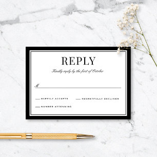 Cartão RSVP Casamento Tipografia Vintage Borda Preta Elegante
