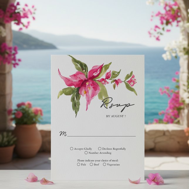 Cartão RSVP Casamento Tropical Bougainvillea Flower Watercolor (Criador carregado)