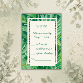 Cartão RSVP casamento tropical com verde esmeralda