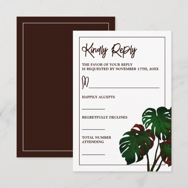 Cartão RSVP Casamento Tropical de Monstera Beach (Frente/Verso)