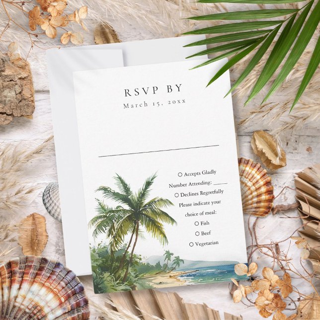 Cartão RSVP Casamento Tropical de Praia Moderno Elegante Water (Modern Elegant Watercolor Tropical Beach Wedding RSVP Card)