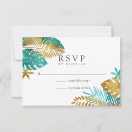 Cartão RSVP Casamento Tropical Dourado e Teal