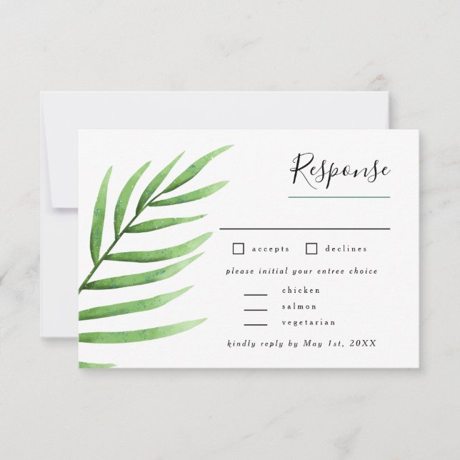 Cartão RSVP Casamento Tropical Palm Greenery com Entree Choice (Frente)