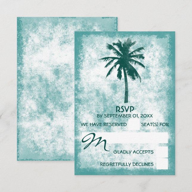 Cartão RSVP Casamento Tropical Palm Tree Beach (Frente/Verso)