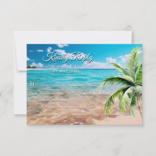 Cartão RSVP Casamento Tropical Palm Tree Beach de Turquoise