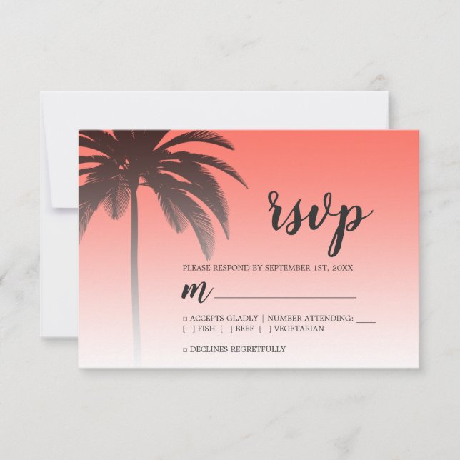 Cartão RSVP Casamento Tropical Palm Tree Coral Beach (Frente)