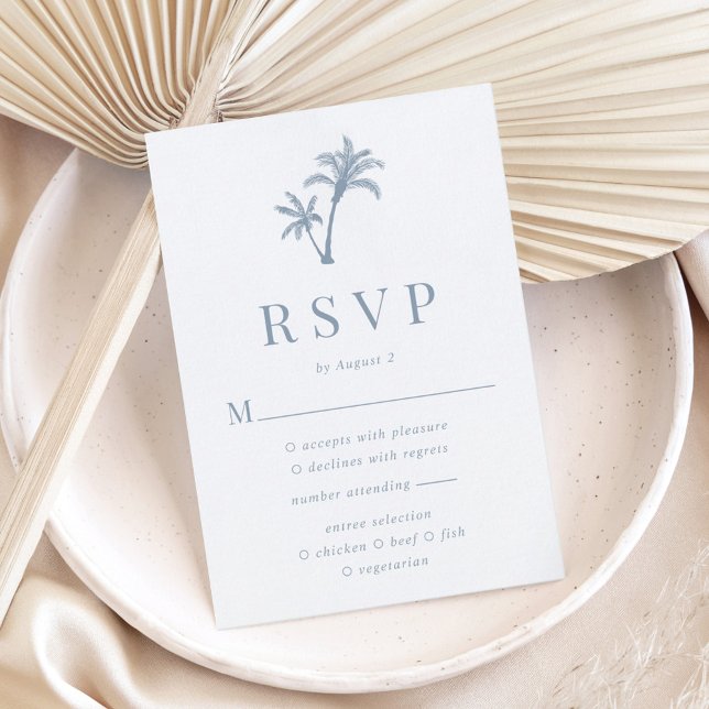 Cartão RSVP Casamento Tropical Palm Tree Dusty Blue Beach (Criador carregado)