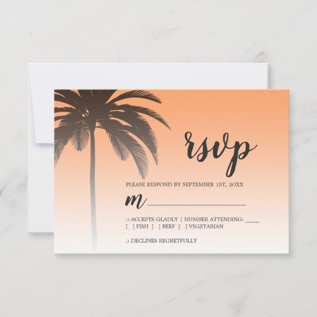 Cartão RSVP Casamento Tropical Palm Tree Orange Beach (Frente)