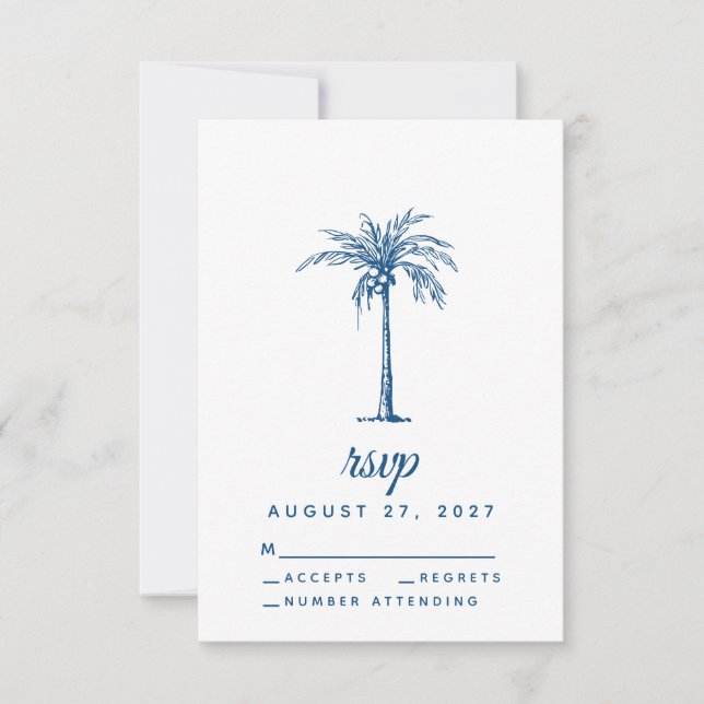 Cartão RSVP Casamento Tropical Praia de Palma Azul Moderno (Frente)