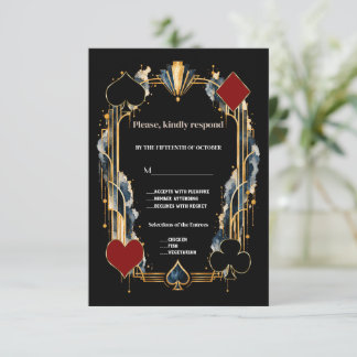Cartão RSVP Casamento Única Noite de Cassino Art Deco Dourado