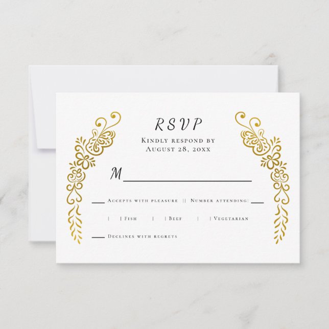 Cartão RSVP Casamento Único Dourado, preto e branco, elegante (Frente)
