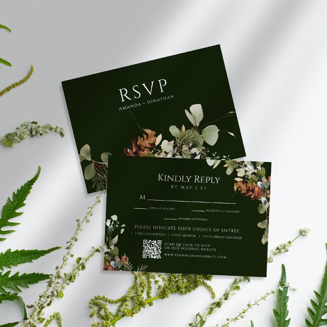 Cartão RSVP Casamento Verde com Arranjos Florais de Aquarela (Criador carregado)