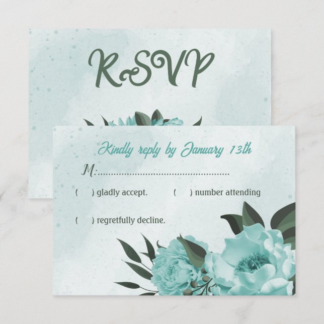 Cartão RSVP casamento verde com flores azuis (Frente/Verso)