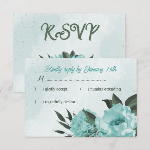 Cartão RSVP casamento verde com flores azuis