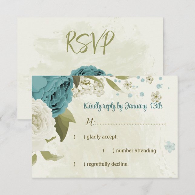 Cartão RSVP casamento verde com flores brancas azuis (Frente/Verso)