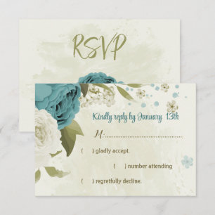 Cartão RSVP casamento verde com flores brancas azuis