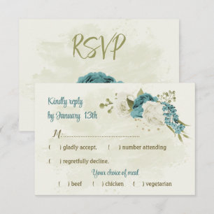 Cartão RSVP casamento verde com flores brancas azuis
