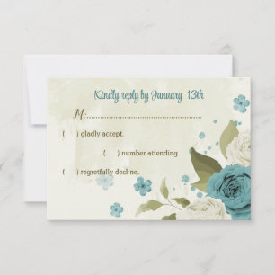 Cartão RSVP casamento verde com flores brancas azuis