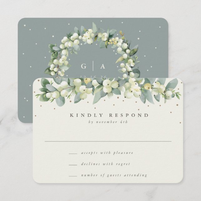 Cartão RSVP Casamento Verde/Creme Snowberry+Eucalyptus Garland (Frente/Verso)