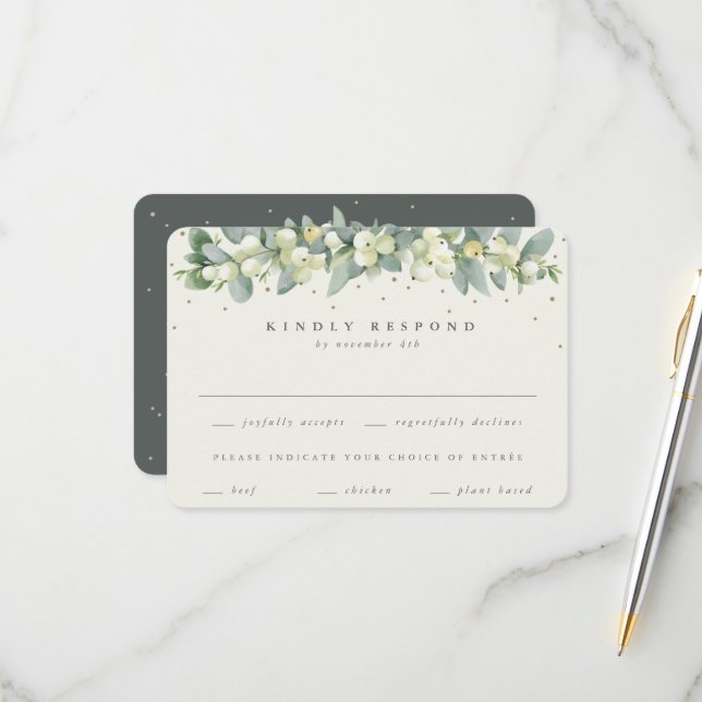 Cartão RSVP Casamento Verde/Creme Snowberry+Eucalyptus Garland (Frente/Verso In Situ)