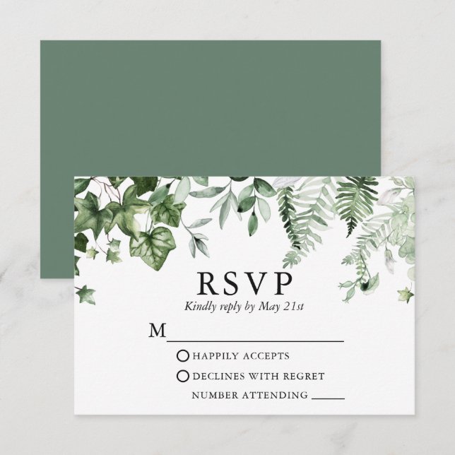 Cartão RSVP Casamento Verde da Moderna Botânica Ivy Ferns Sage (Frente/Verso)