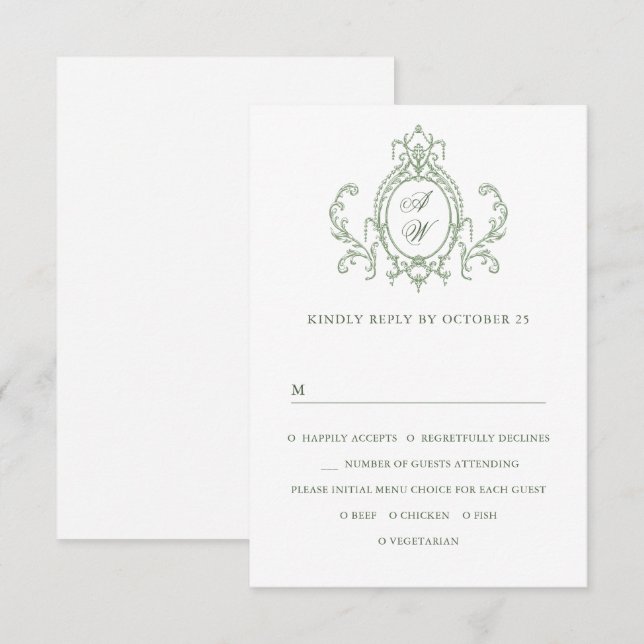 Cartão RSVP Casamento Verde da Ornamentado Vitoriana Grace Flo (Frente/Verso)