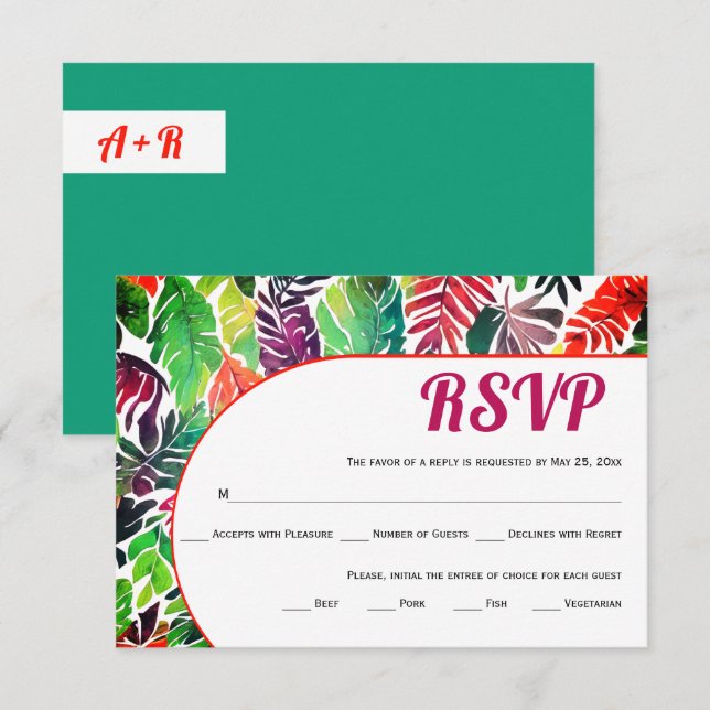 Cartão RSVP Casamento verde das folhas tropicais coloridas max (Frente/Verso)