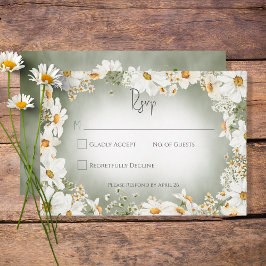 Cartão RSVP Casamento Verde de Daisy Frame Russo Moderno