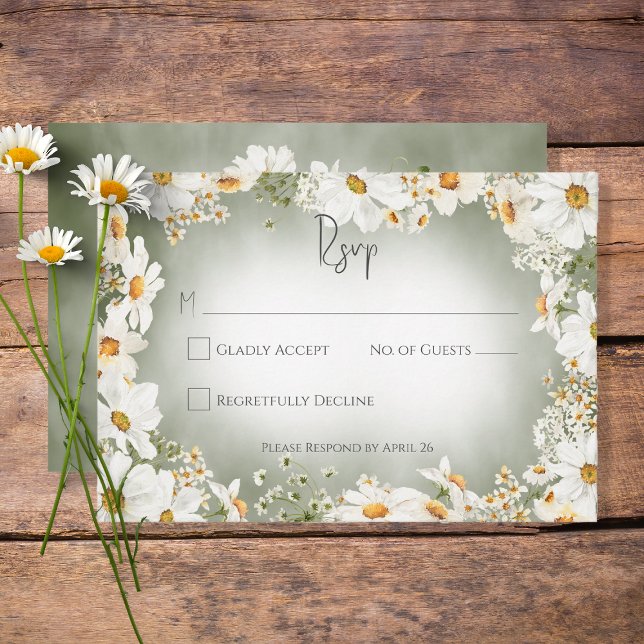Cartão RSVP Casamento Verde de Daisy Frame Russo Moderno (Criador carregado)