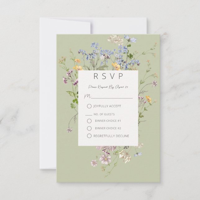 Cartão RSVP Casamento Verde de Delicate Boho Wildflower (Frente)