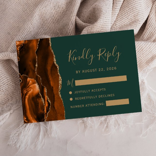 Cartão RSVP Casamento Verde de Emerald, Agate de Ferrugem Mode (Criador carregado)