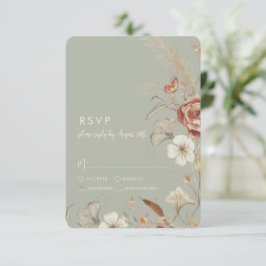 Cartão RSVP Casamento Verde de Flor Selvagem Seca BOHO Sage